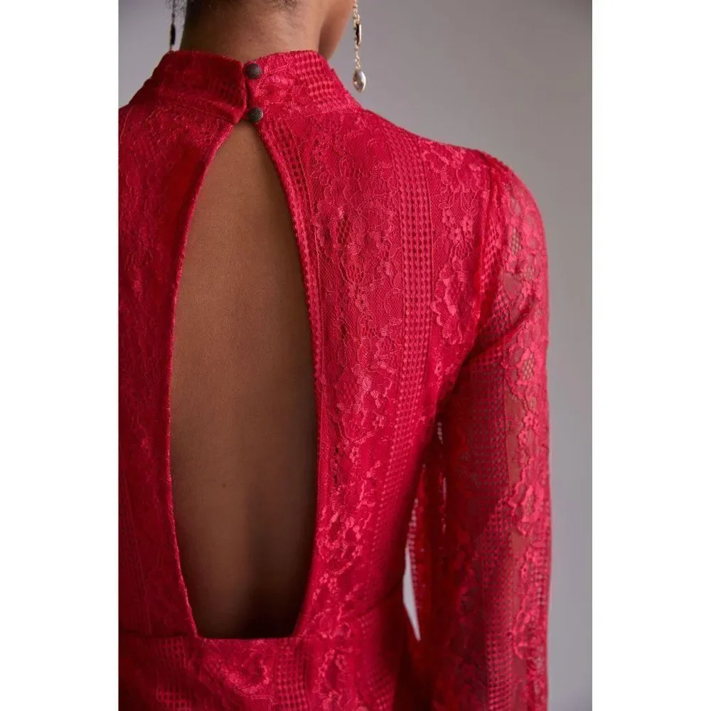Anthropologie Maeve Open Back Lace Mini Dress Raspberry 12 Pockets Romantic Date